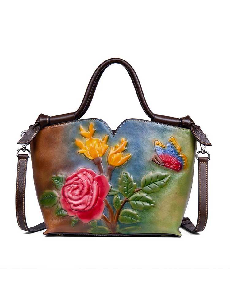Handmade Embossed Women Handbag Retro Genuine Leather Bag