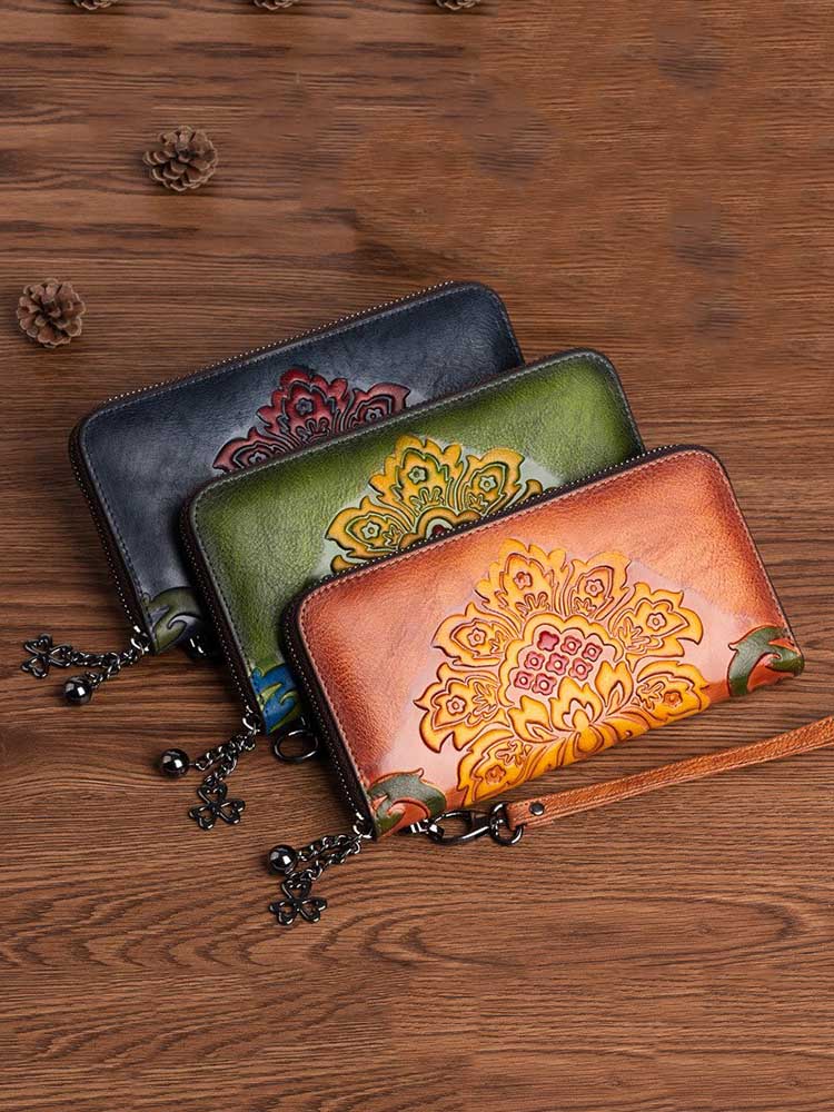 Genuine Leather Purse Retro Embossed Women Large Clutch Wallet Card Holder