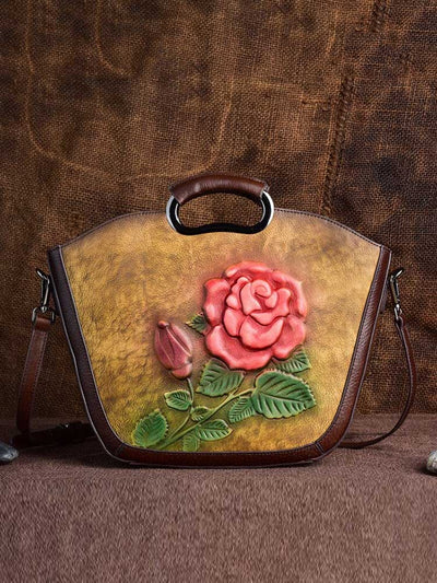 Retro Hand Painted Women Bag Genuine Leather Elegant Rose Handbag