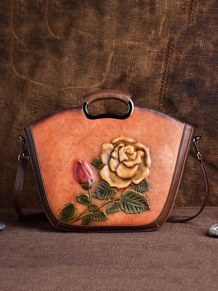 Retro Hand Painted Women Bag Genuine Leather Elegant Rose Handbag