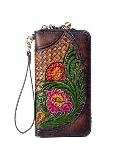Handmade Embossed Women Hand Wallet Vintage Cowhide Phone Purse Card Houlder