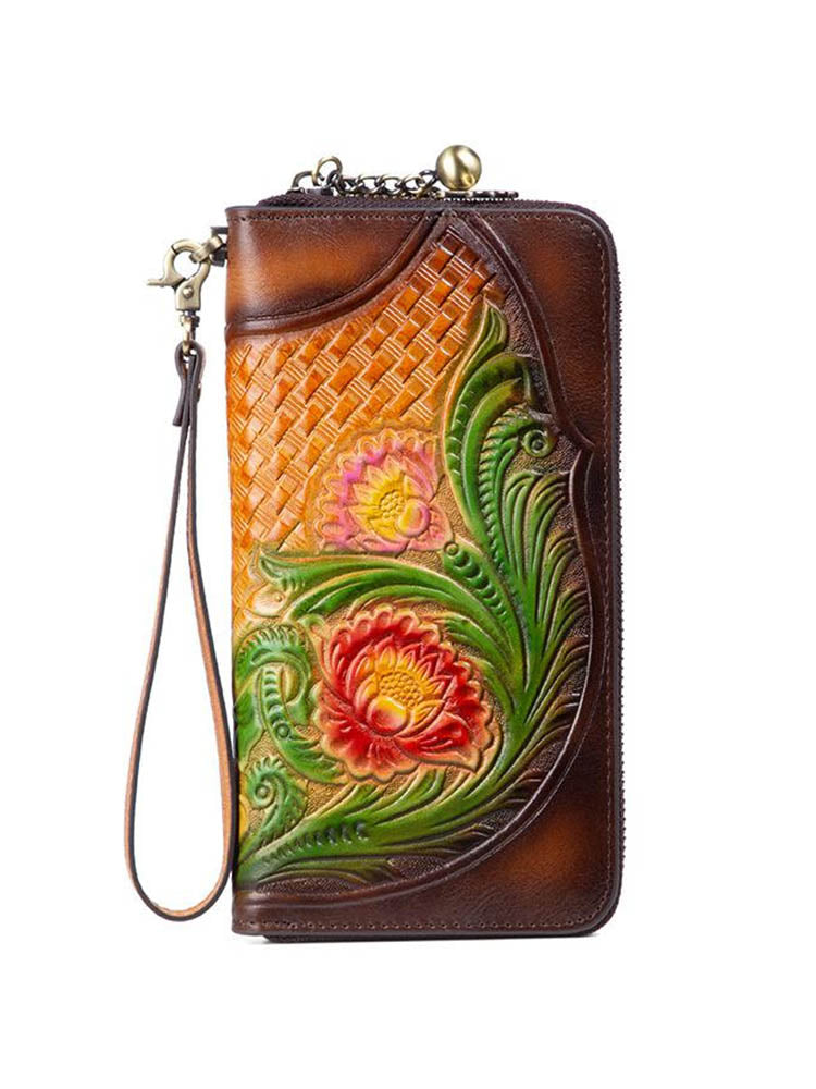 Handmade Embossed Women Hand Wallet Vintage Cowhide Phone Purse Card Houlder
