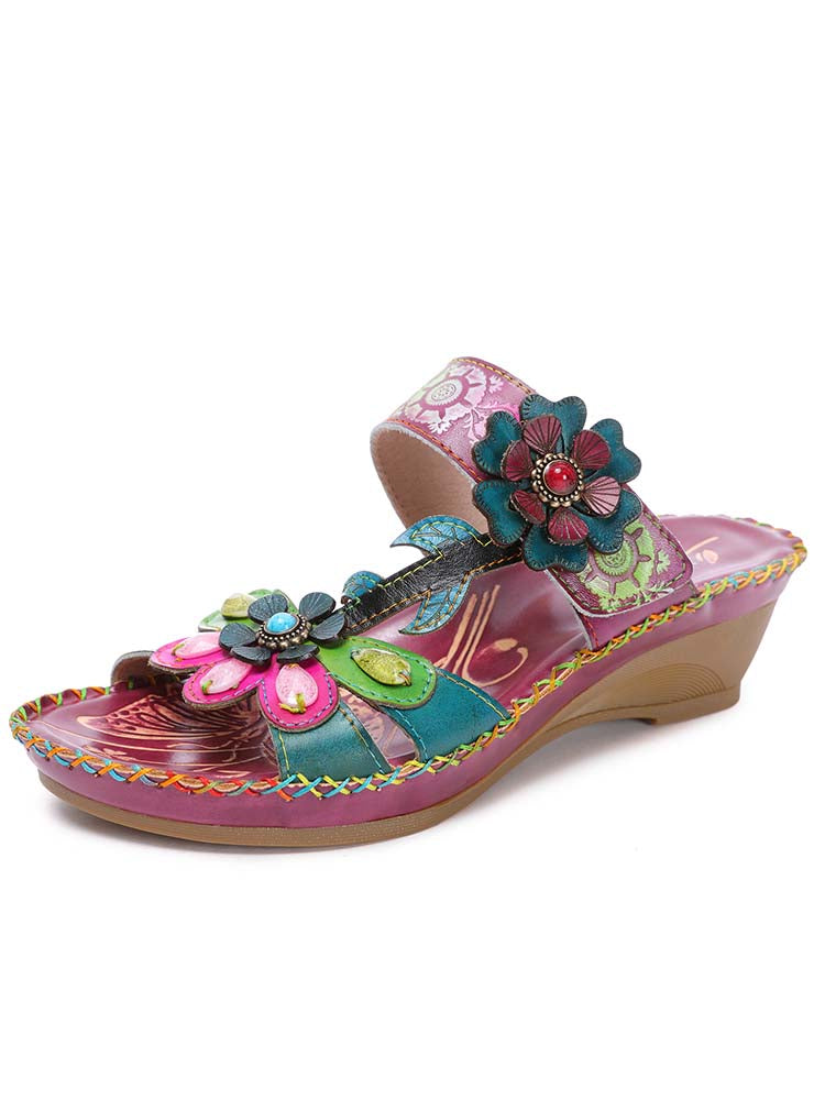 Sandalias con costuras en relieve florales ajustables retro