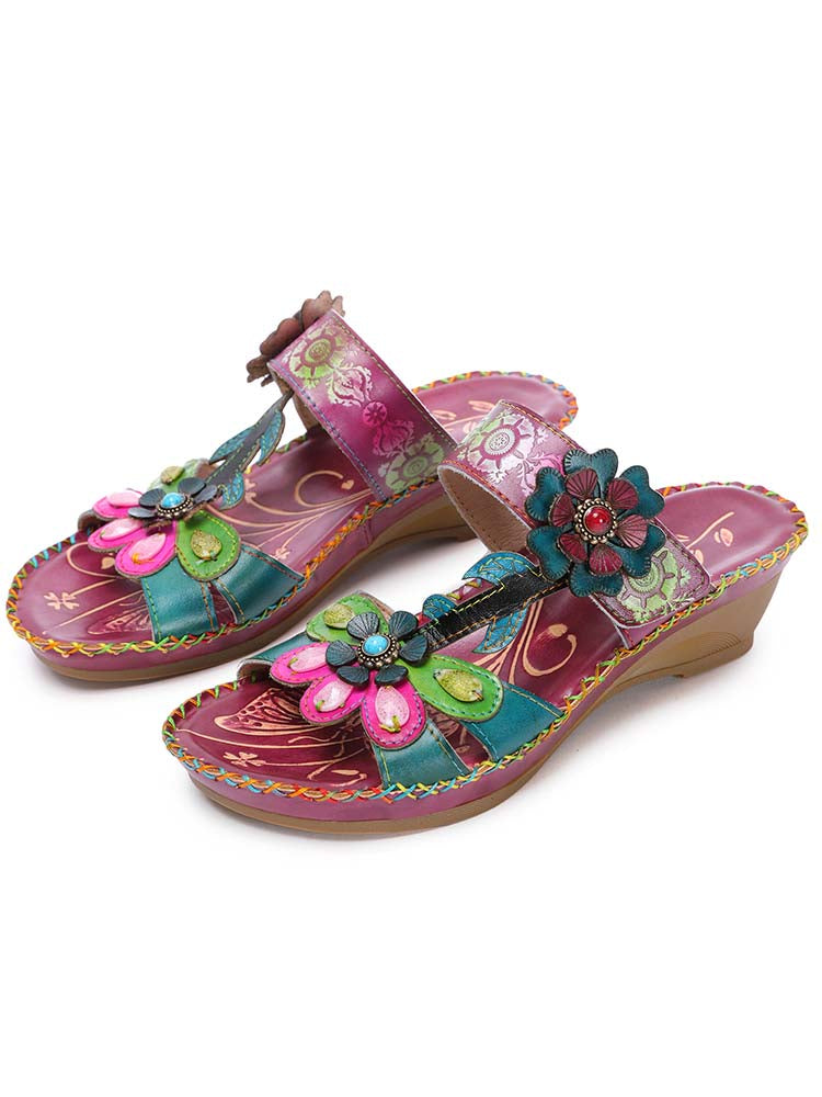 Sandalias con costuras en relieve florales ajustables retro