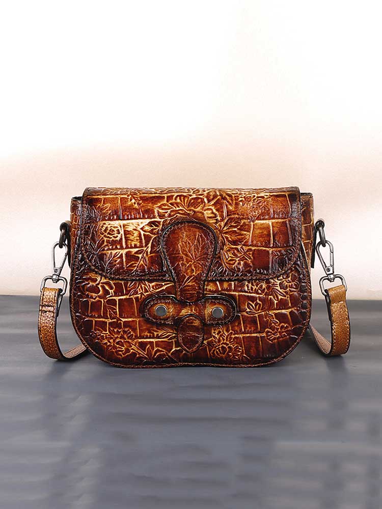 Handmade Leather shoulder bag crossbody bag purse vintage carved
