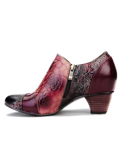 Hand Embossed Leather Low Heel Shoes