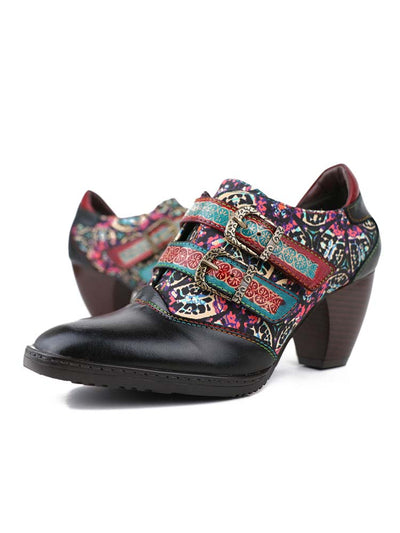 Genuine Leather Florals Hook Loop Shoes