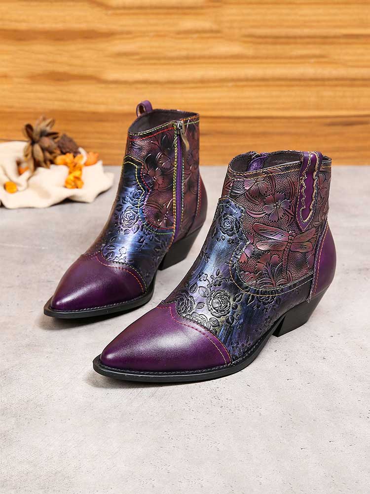 Emberlynn Embossed Dragonfly Ankle Boots
