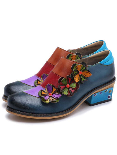 Zapatos planos cómodos de cuero genuino con empalme de flores retro