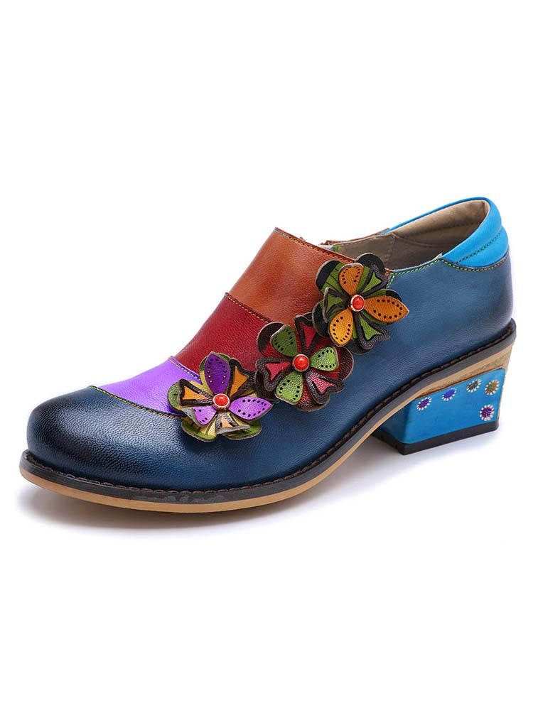 Fleurs rétro épissant des chaussures plates confortables en cuir véritable