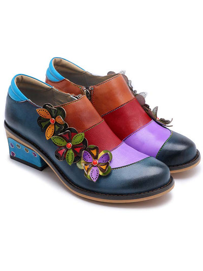 Zapatos planos cómodos de cuero genuino con empalme de flores retro