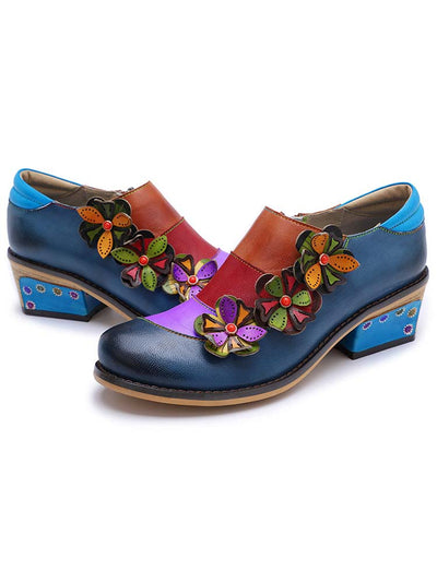 Fleurs rétro épissant des chaussures plates confortables en cuir véritable