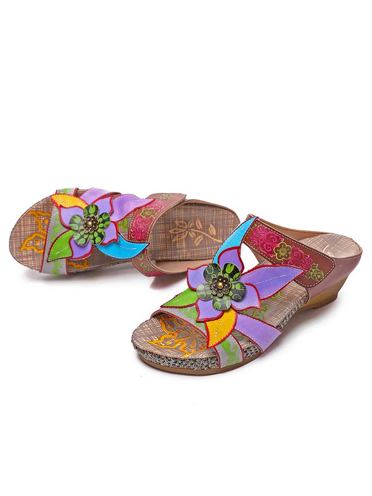 Sandalias de cuero genuino Zapatos de mujer Zapatillas de diapositivas de flores hechas a mano bohemias