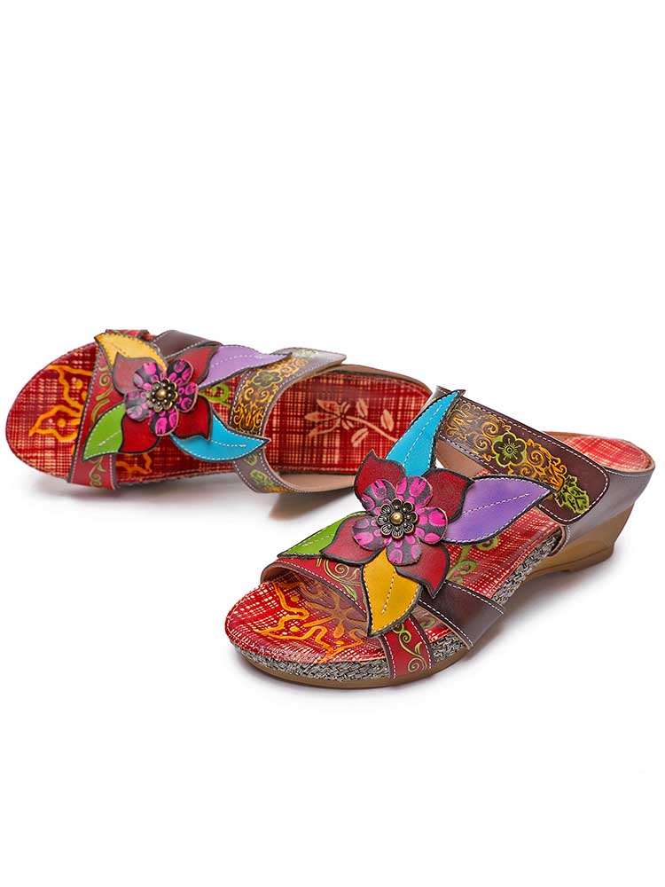 Sandalias de cuero genuino Zapatos de mujer Zapatillas de diapositivas de flores hechas a mano bohemias
