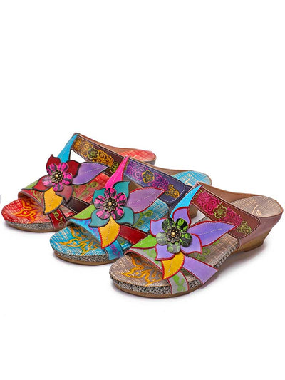 Sandales en cuir véritable pour femmes, pantoufles bohèmes à fleurs faites à la main