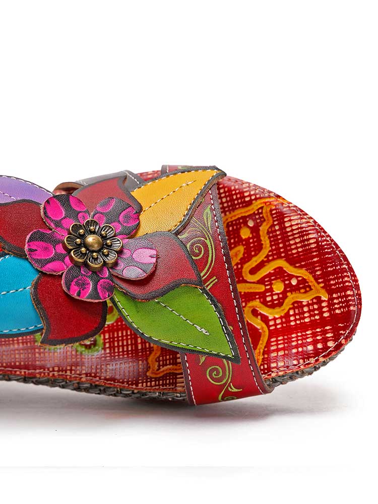 Sandales en cuir véritable pour femmes, pantoufles bohèmes à fleurs faites à la main