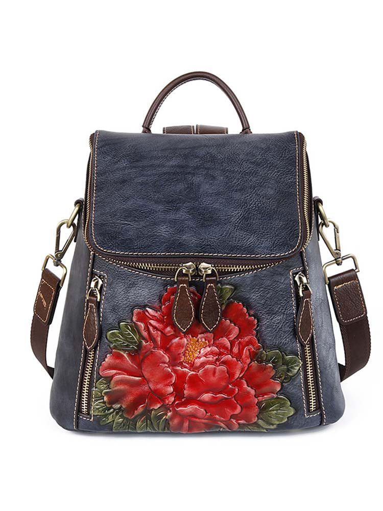 Flower Embossed Leather Backpack