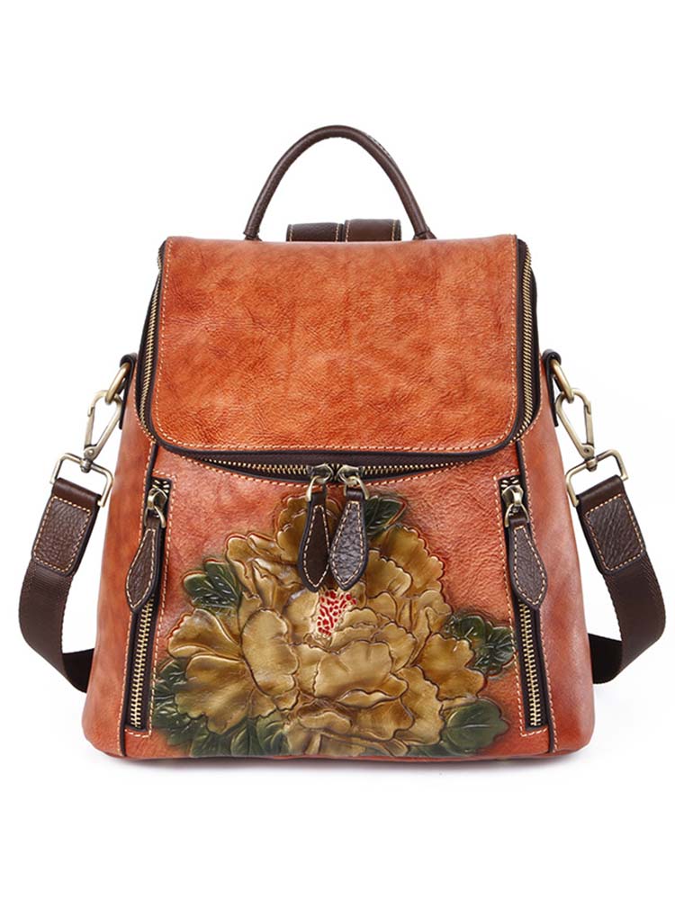Flower Embossed Leather Backpack
