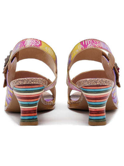 Sandales confortables à talon à rayures colorées en cuir faites à la main 