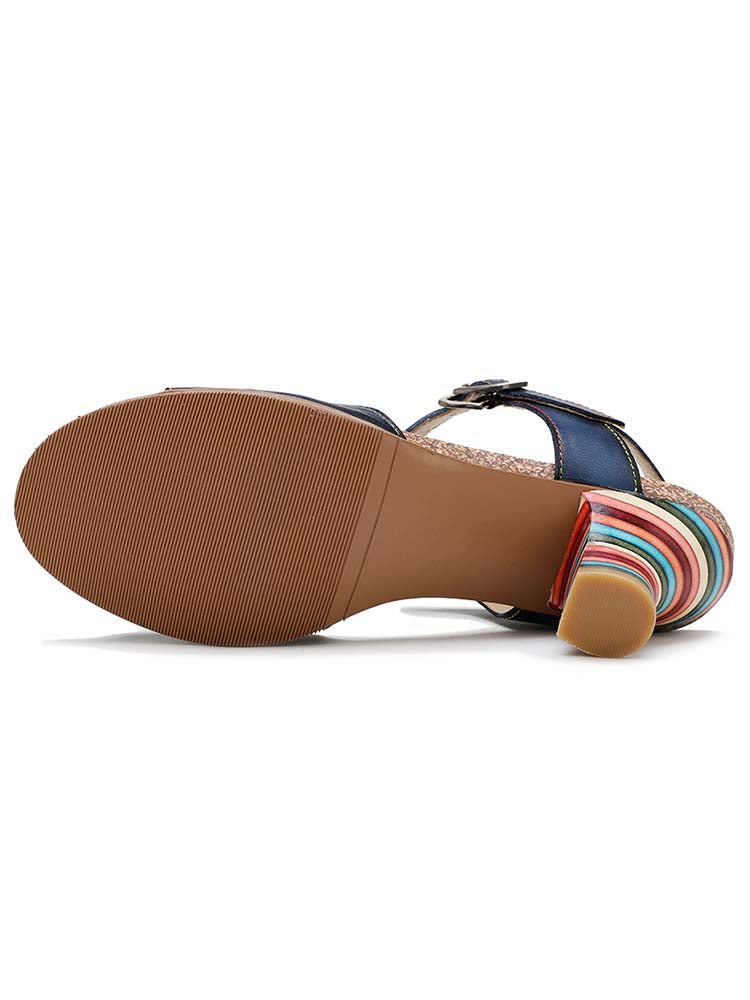 Sandales confortables à talon à rayures colorées faites à la main rétro 