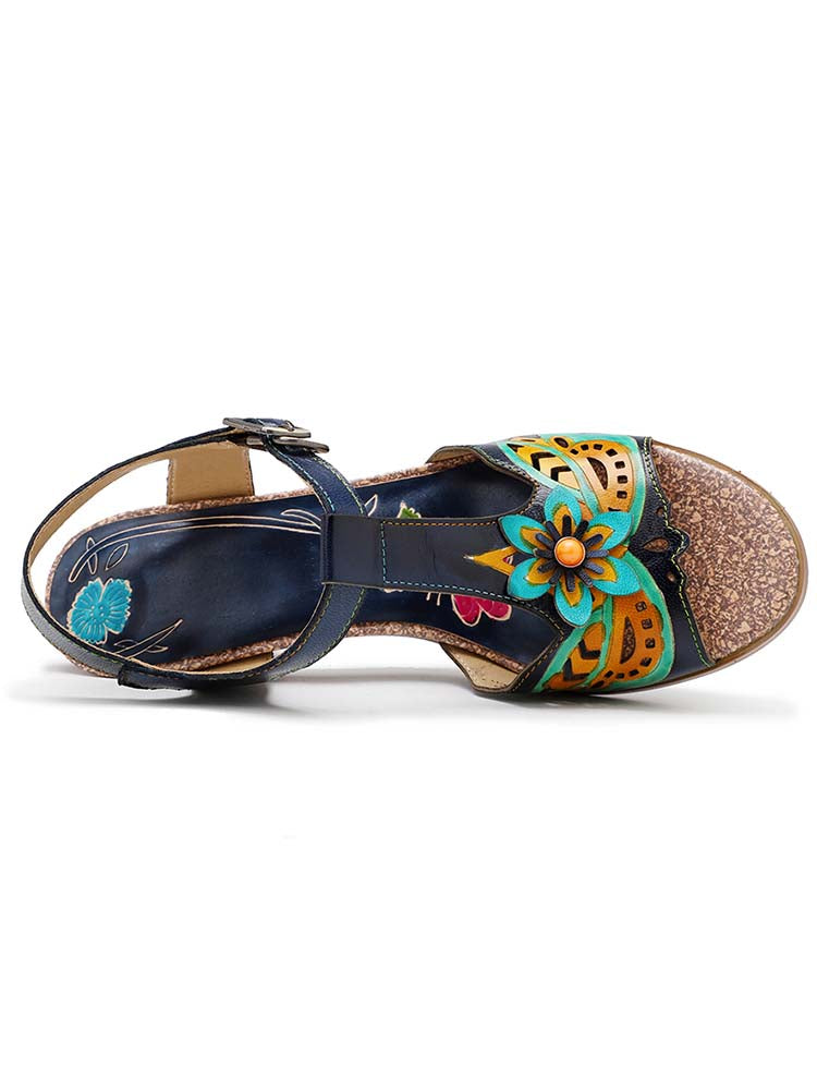 Sandales confortables à talon à rayures colorées faites à la main rétro 