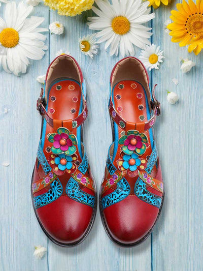 Chaussures rétro fleur en cuir véritable