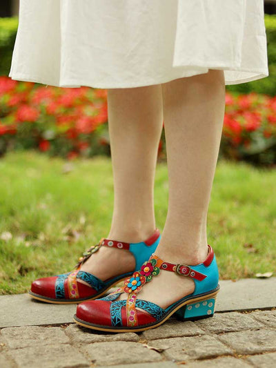 Zapatos Retro Flor Cuero Genuino