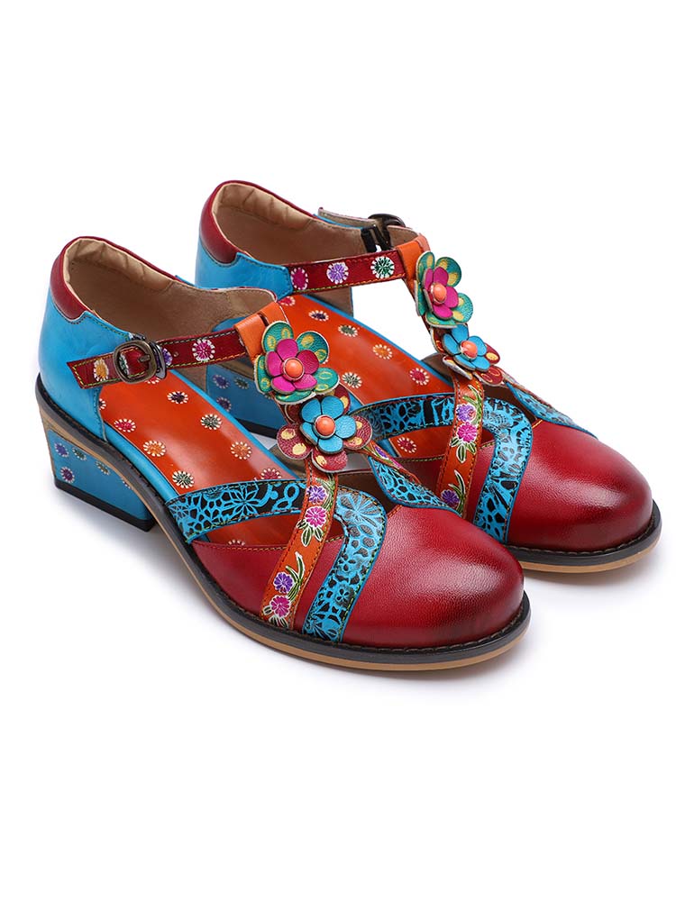 Chaussures rétro fleur en cuir véritable