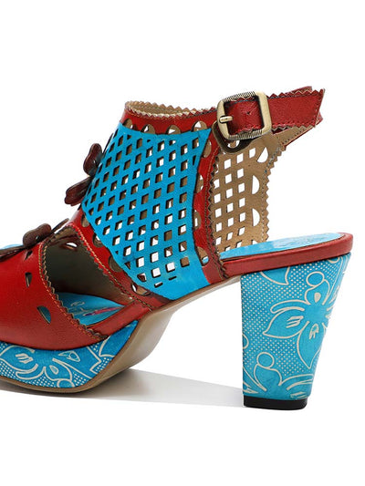 Red & Blue Laser Cut-Out Leather Floral Sandals