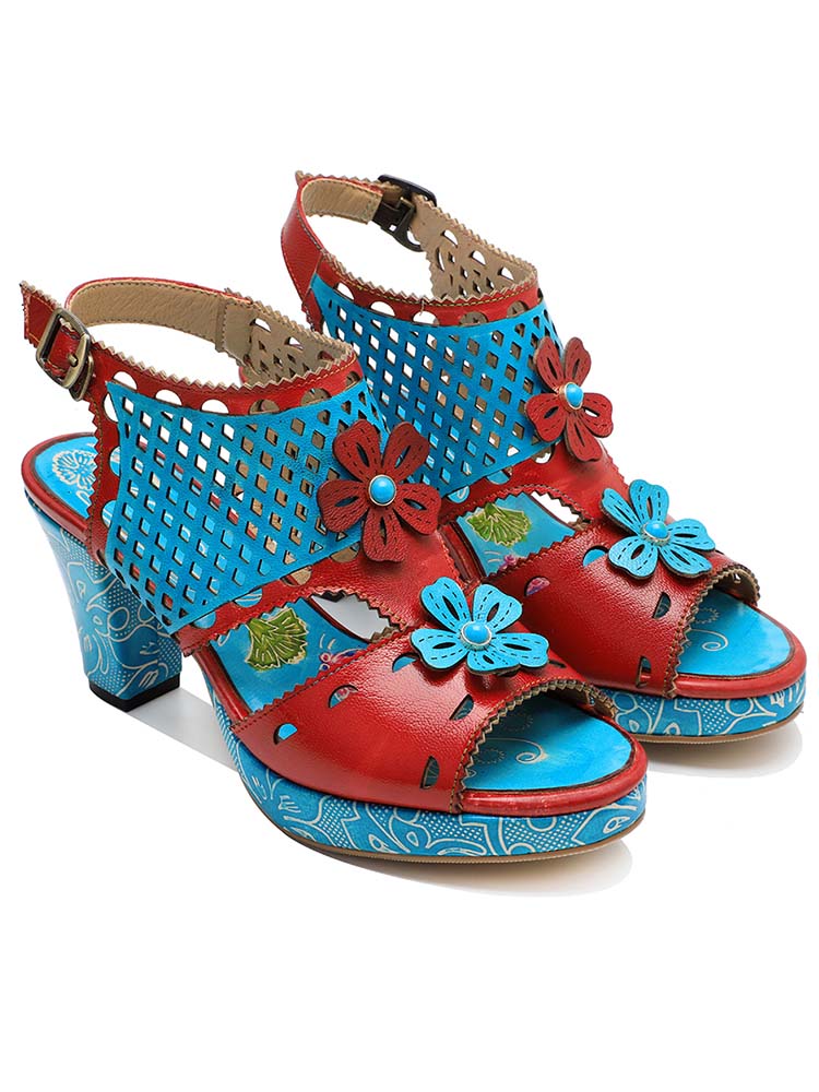 Red & Blue Laser Cut-Out Leather Floral Sandals
