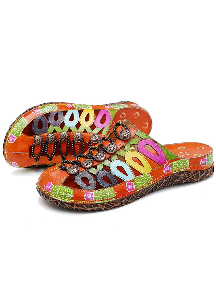 Sandalias coloridas estampadas hechas a mano vintage 