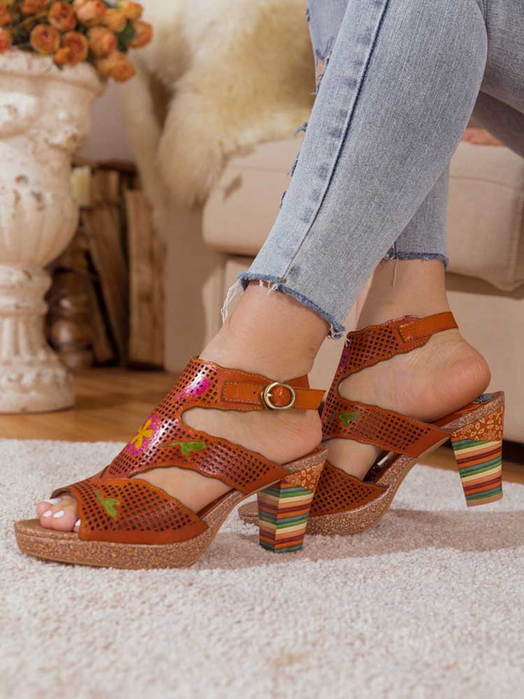 Fish Mouth Cutout Leather Colored Stripe Heel Sandals