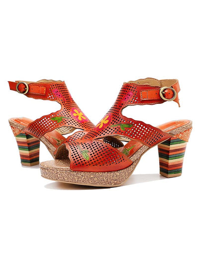 Fish Mouth Cutout Leather Colored Stripe Heel Sandals