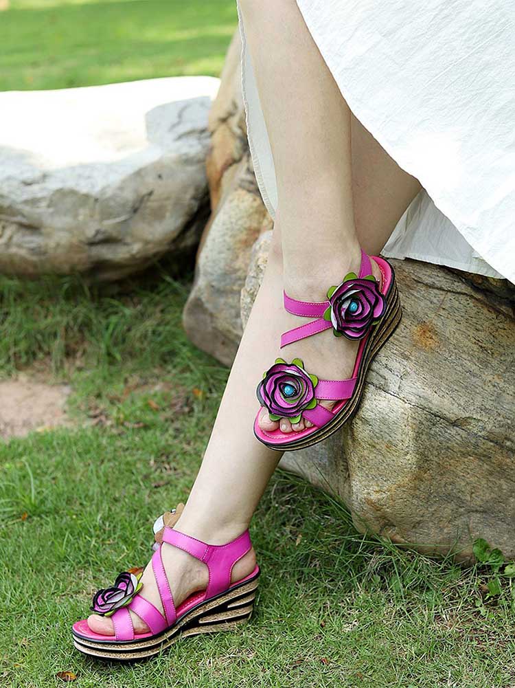 Superbes sandales compensées roses faites à la main 