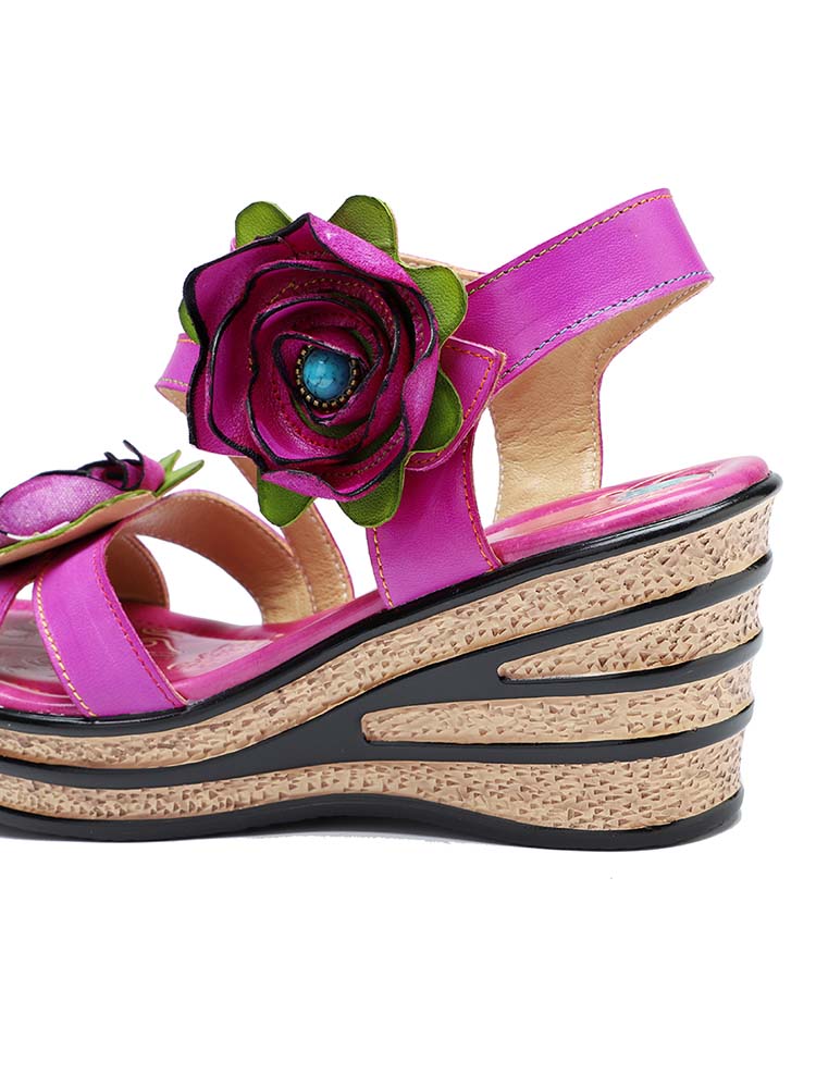 Superbes sandales compensées roses faites à la main 