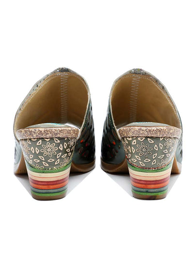 Retro Rainbow Leather Colored Striped Heel Slippers