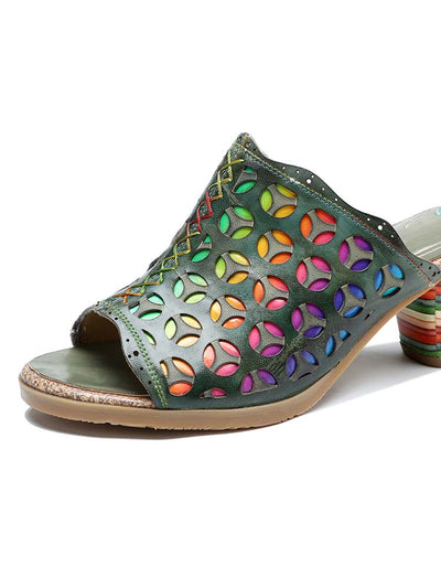 Sandales à talons rayées colorées en cuir arc-en-ciel rétro 