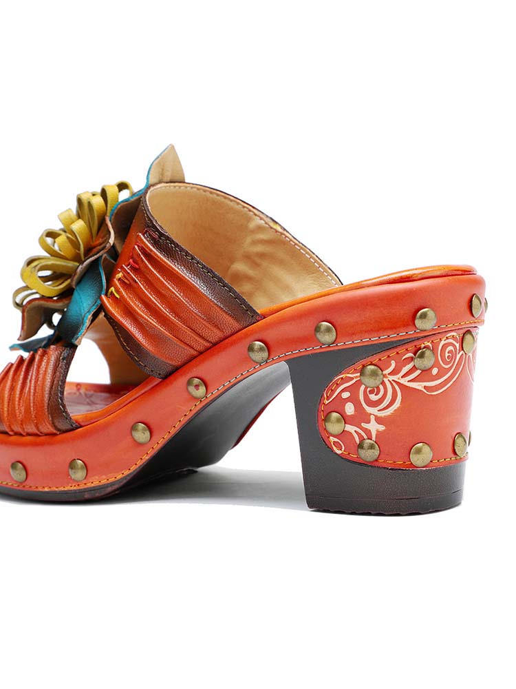 Sandales à fleurs en cuir faites à la main vintage 