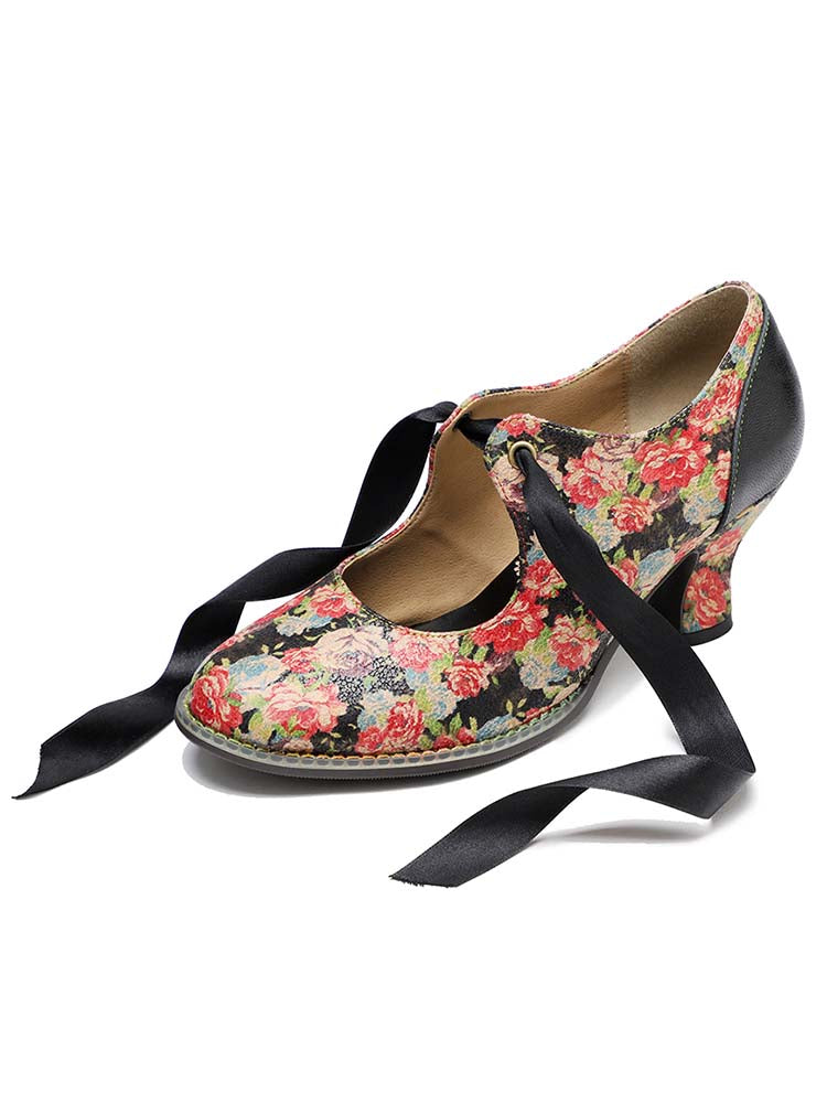 Zapatos De Salón Elegantes Con Cordones Florales Pintados A Mano 