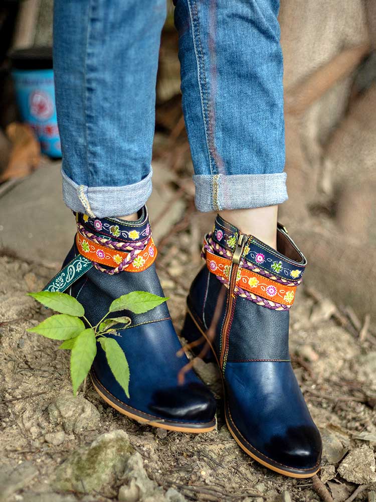 Botas de mujer de cuero genuino Botines bohemios vintage Zapatos de mujer de tacón bajo 