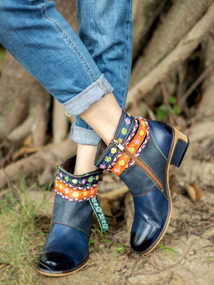 Botas de mujer de cuero genuino Botines bohemios vintage Zapatos de mujer de tacón bajo 
