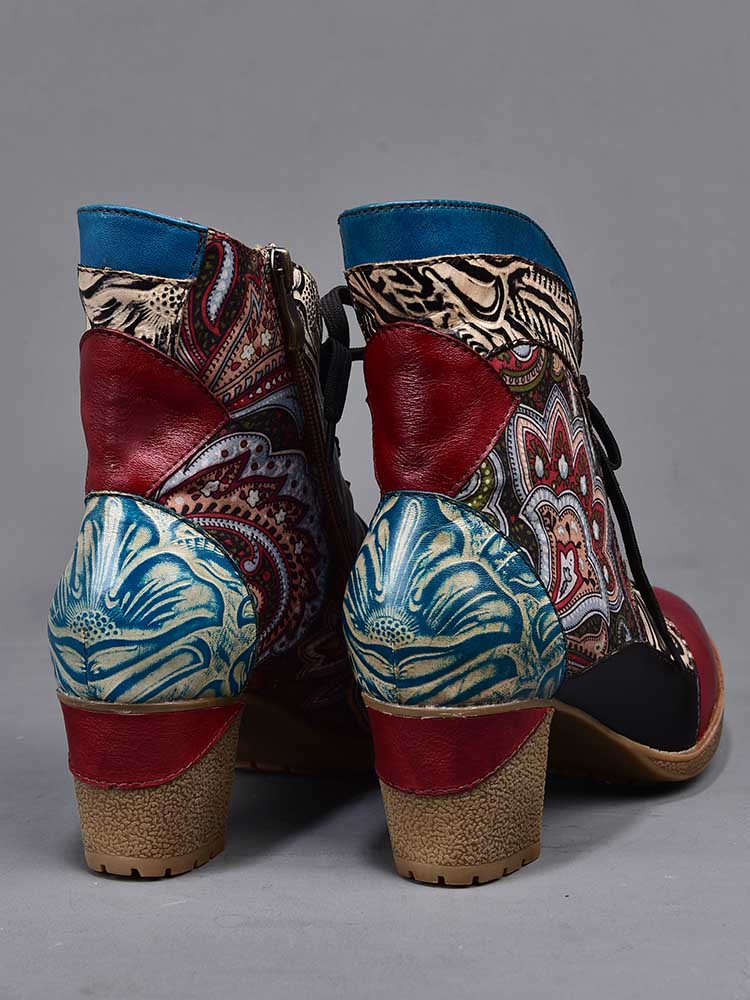 Zapatos bohemios de cuero para mujer Botines con patrón retro