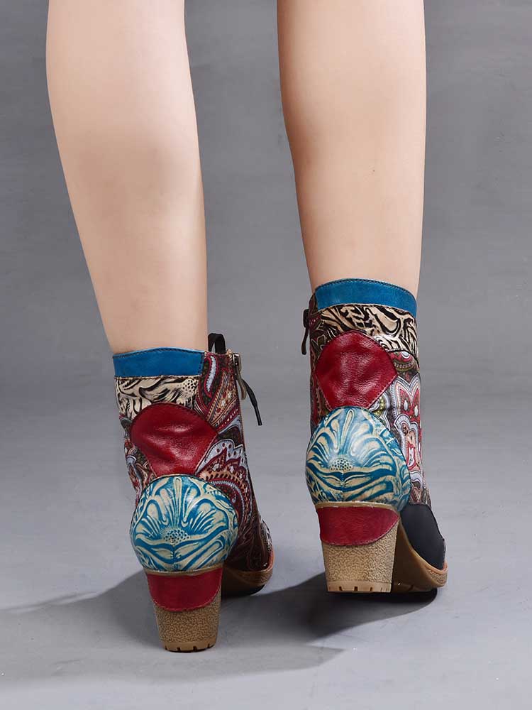 Zapatos bohemios de cuero para mujer Botines con patrón retro
