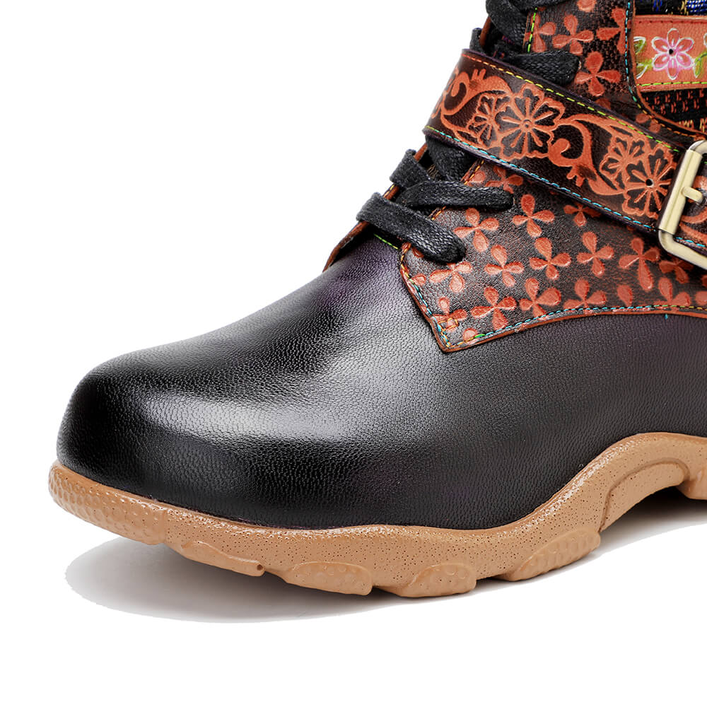 Boho Leather Flat Ankle Boots