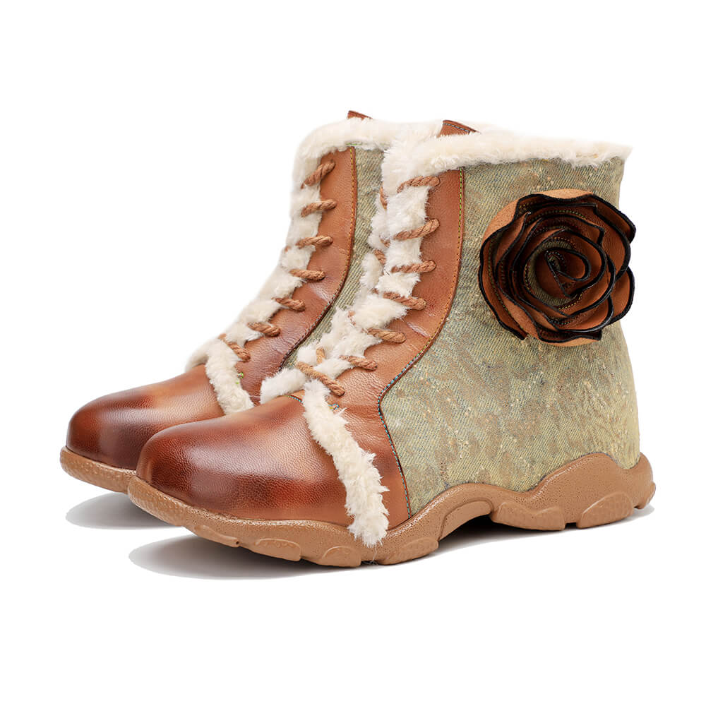 Handmade Flower Leaher Ankle Boots Flat Booties