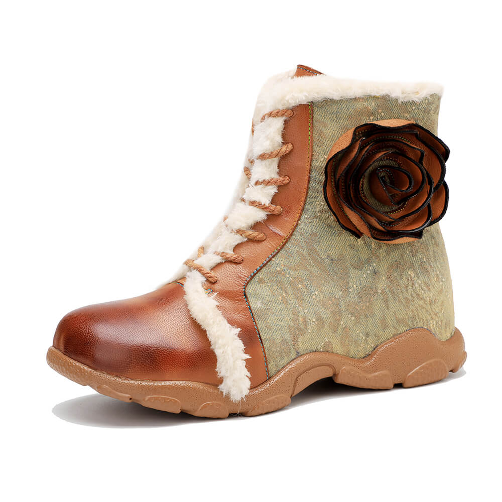 Handmade Flower Leaher Ankle Boots Flat Booties