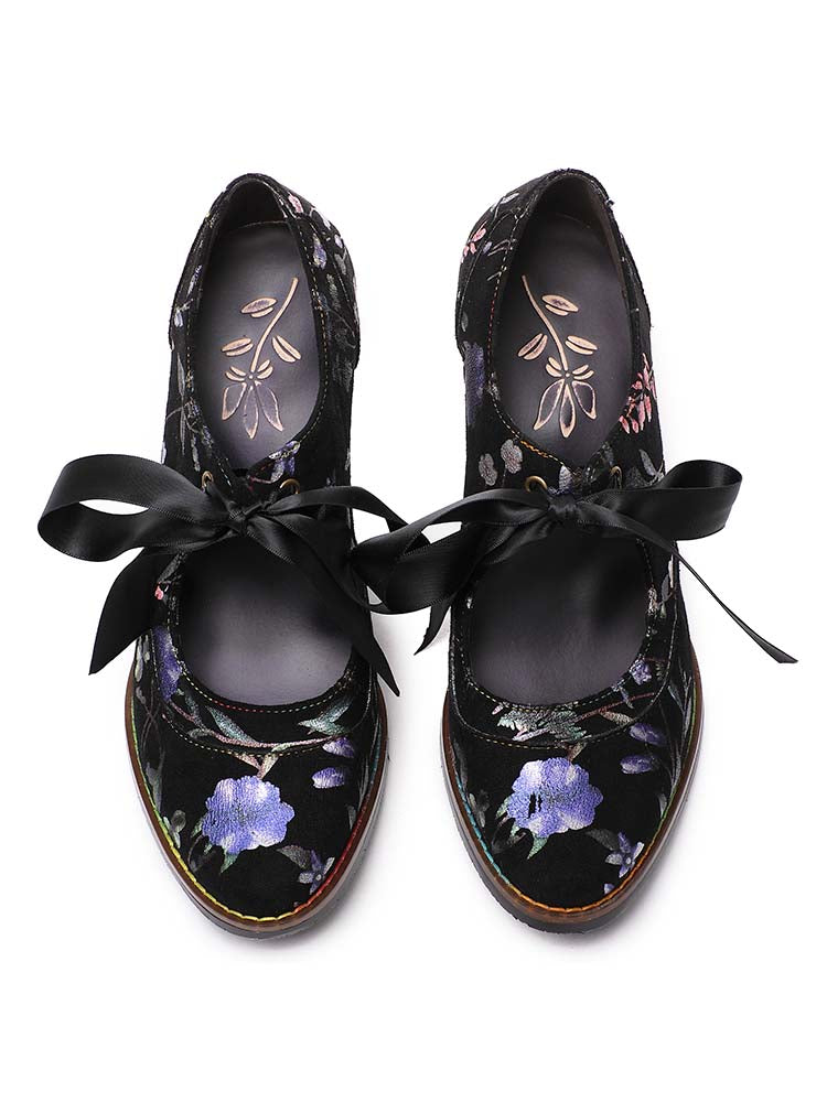 Chaussures en cuir à fleurs faites à la main Angelique