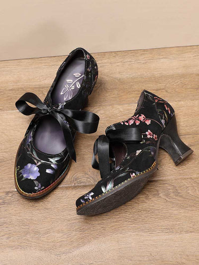 Zapatos de salón con correa de cuero floral hechos a mano