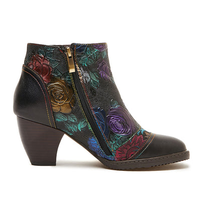 Women Handmade Leather Floral Ankle Boots