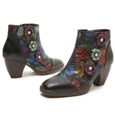 Women Handmade Leather Floral Ankle Boots